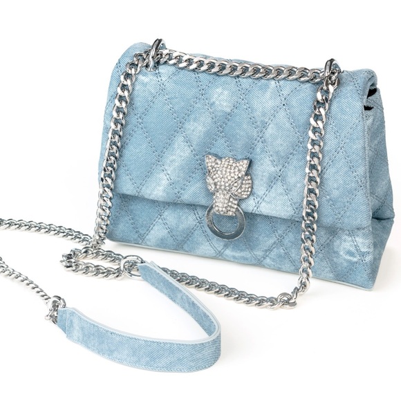 Off Park Handbags - NEW White Crystal Panther Quilted Blue Fabric Shoulder Bag w/ Silver Chain Strap